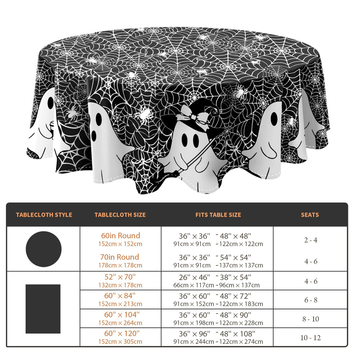 QIALETS Halloween Tablecloth Round 60 Inch Spooky Ghost Spider Web Black Table Covers Washable for Indoor Outdoor Dining Home Party Holiday Decorations