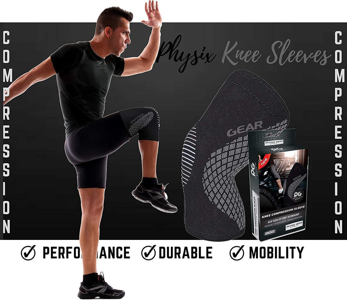 PHYSIX GEAR Knee Support Brace - Premium Recovery & Compression Sleeve for Meniscus Tear, ACL, MCL Running & Arthritis - Best Neoprene Stabilizer Wrap for Crossfit, Squats & Workouts (Single Grey L)