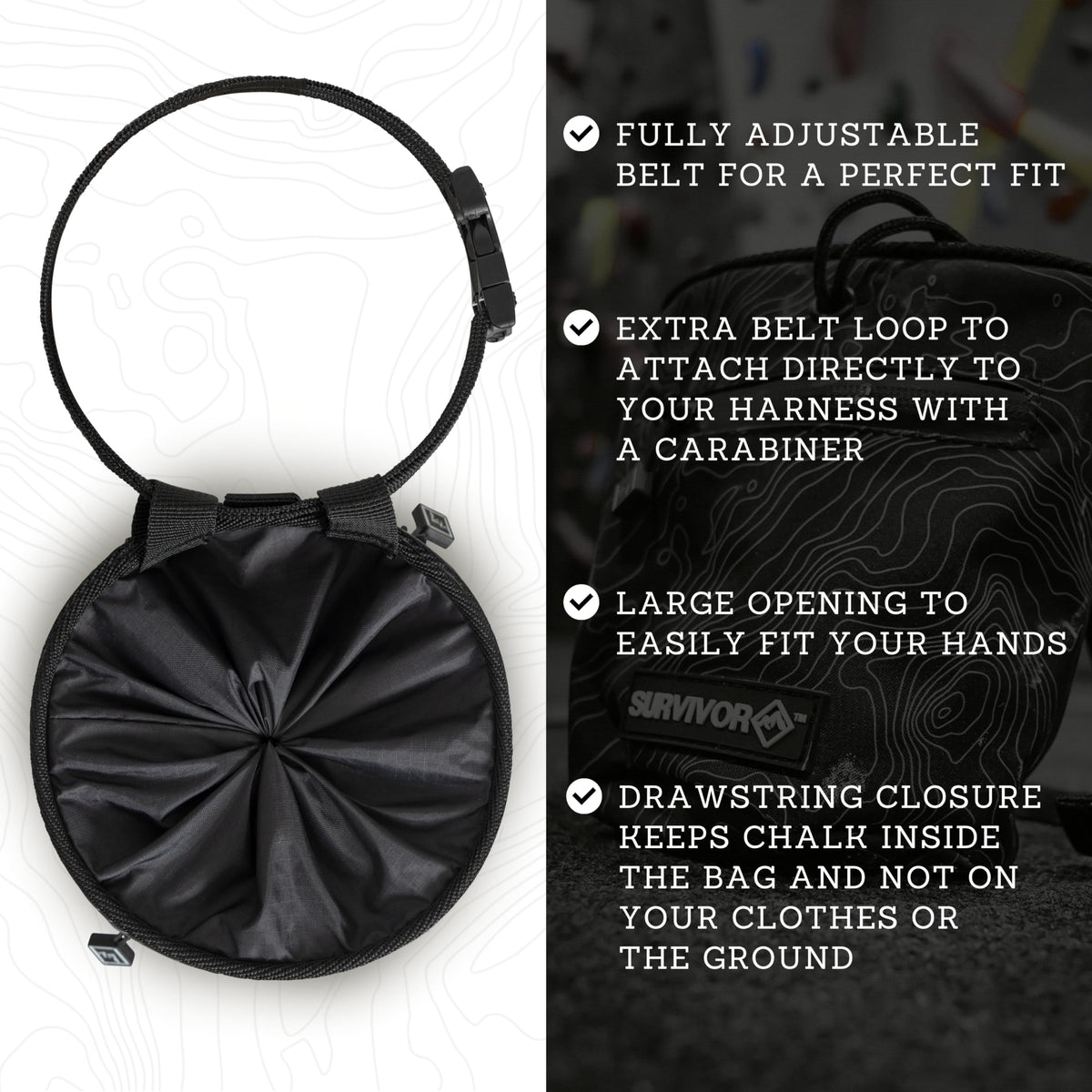 Chalk Bag + Refillable Chalk Ball - Iconic Topographical Map, Draw String Closure, 2 Zippered Pockets, & Brush Holder - Climbing Chalk Bag for Rock Climbing, Bouldering, Weightlifting, Gymnastics