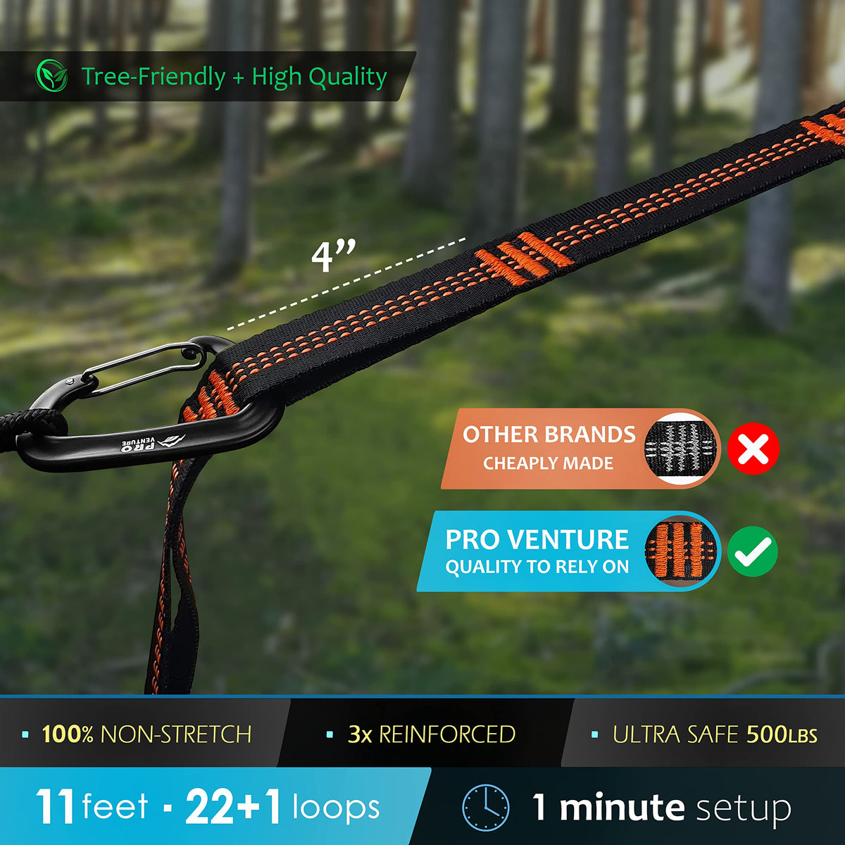 Pro Venture Hammock Straps and Carabiners Set | 22 Feet Total, 44+2 Loops | 1200lbs Breaking Strength (500lbs Rated) | Non-Stretch, Lightweight, Portable - Quick Setup | Heavy Duty, Tree Friendly