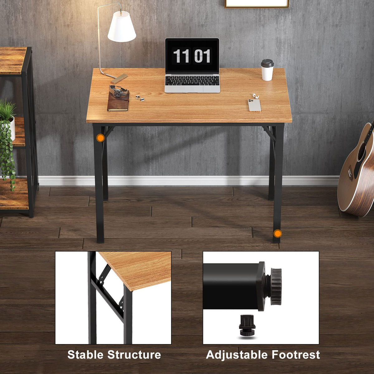 Need 31.5 Inch Folding Desk for Small Spaces, Home Office Computer Desk with Teak Wood Top & Black Frame, Foldable Writing Table for Study, Bedroom, Dorm Room & Student