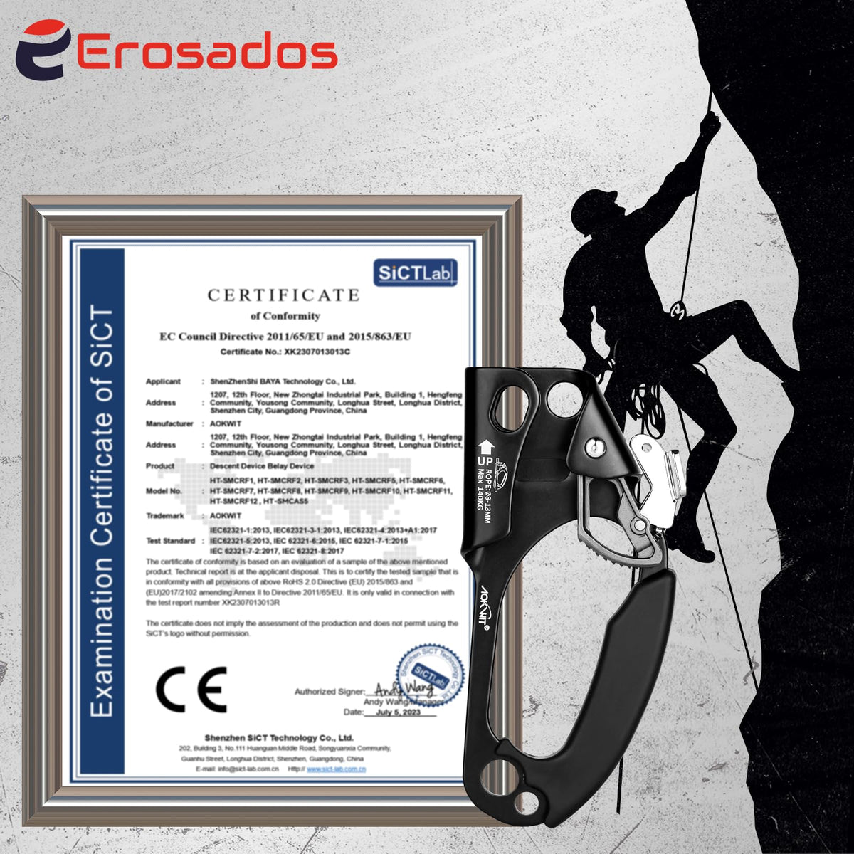 Erosados Hand Ascender for Outdoor Rock Climbing Ascender Strong Rappelling Gear for 8-13mm Rope Climbing Equipment for Tree Climbing Mountaineering Caving Adventures (Right Hand)