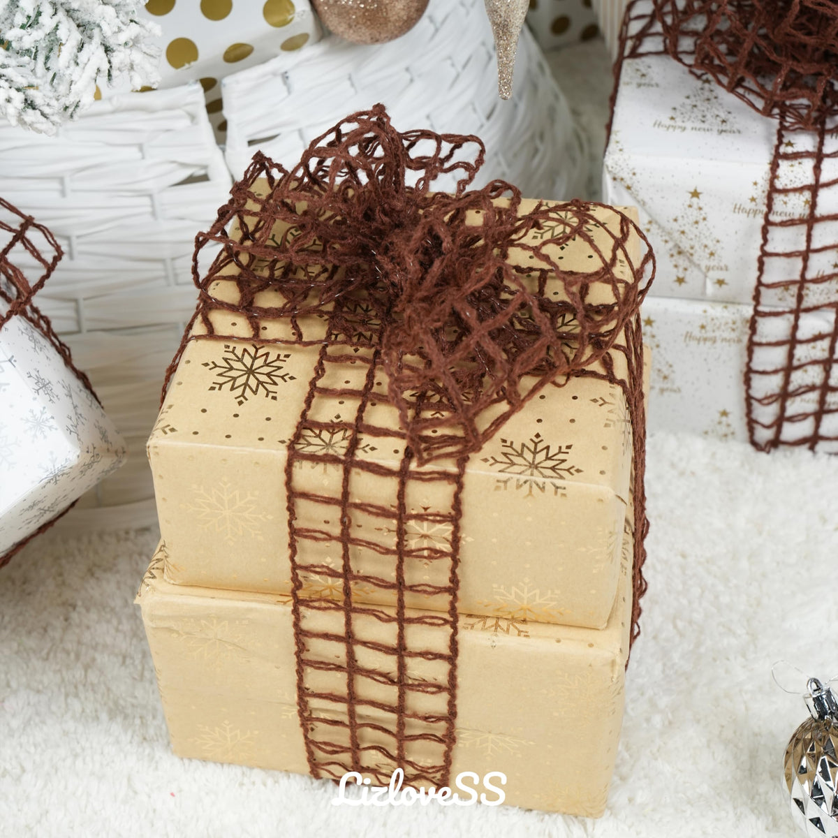LIZLOVESS Brown Mesh Burlap Wired Ribbon 2.5" x 10 Yards Rustic Wrapping Ribbon Net Ribbon for Christmas Home Decor Wedding Gift Wrapping Tree Topper Bows Wreaths Craft Supplies Thanksgiving Autumn