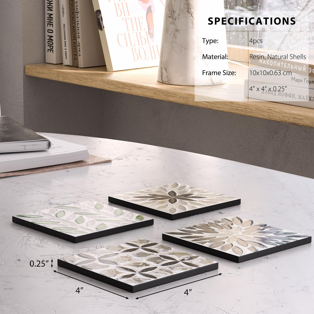 Leadiy Square Resin Coasters for Drinks,Set of 4 Non-Slip Coffee Cup Coasters, 4x4 Inches Desk Accessories, Absorbent Desktop Office Home Decor, Perfect for Coffee Table, Bar, Kitchen, and Party