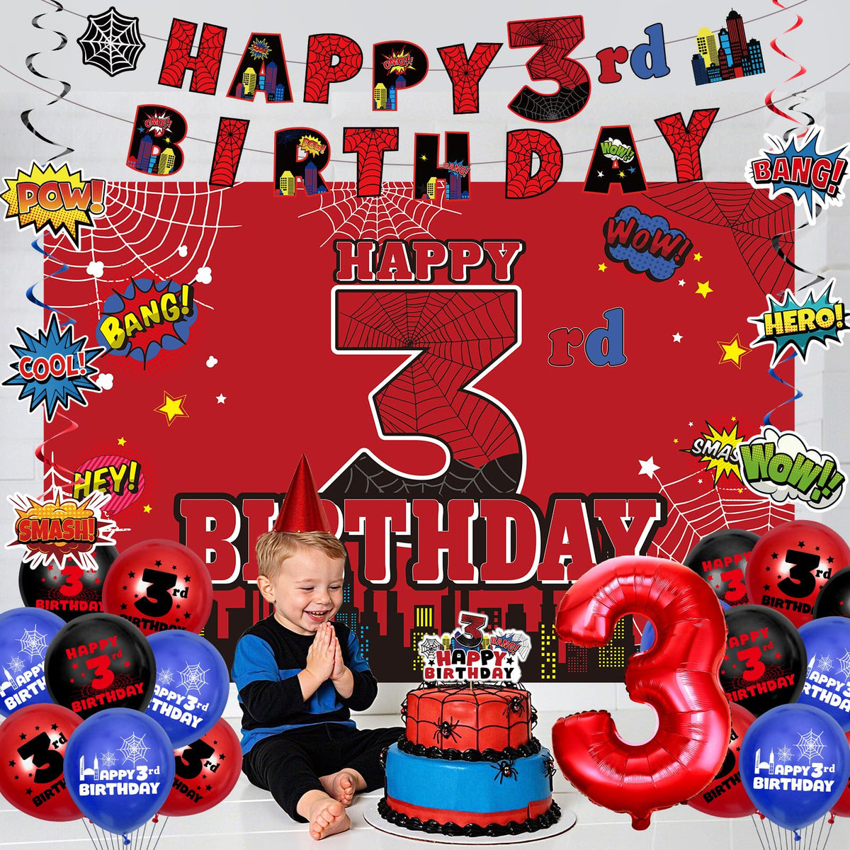 Spider 3rd Birthday Decorations, Red Black Happy 3rd Birthday Banner Backdrop Hanging Swirls Number 3 Balloons Cake Topper for Kids 3 Years Old Spider Web Cartoon Party Supplies Favors Third Decor