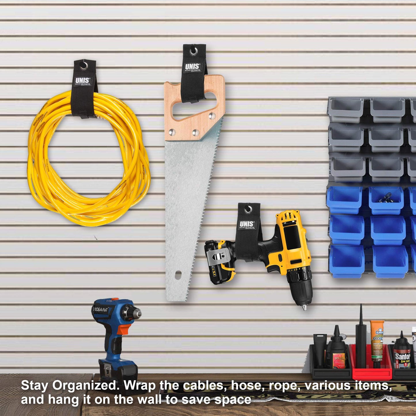 5 Pack Heavy Duty Large 13-inch Extension Cord Storage Organize Cables, Hoses, Power Cords, and Ropes with Extendable Cable Ties Strap Loop Hanger