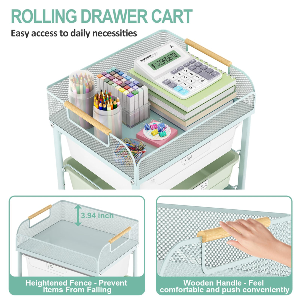 SYKIARIOL 4-Drawer Rolling Storage Cart with Mesh Top, Utility Craft Organizer Cart on Wheels with DIY Labels, Rolling Drawer Cart for Home Office Classroom Bedroom, Green
