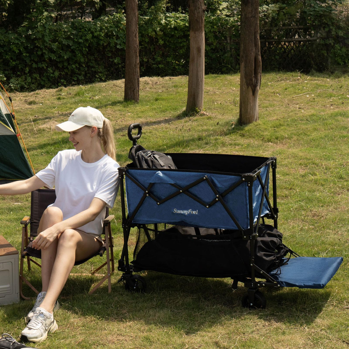 SUNNYFEEL Lightweight 47''L Double Decker Wagon for Sport, 270L Collapsible Wagon Cart,331lbs Collapsible Outdoor Utility Wagon Cart for Shopping Garden Camping,Blue-Lightweight