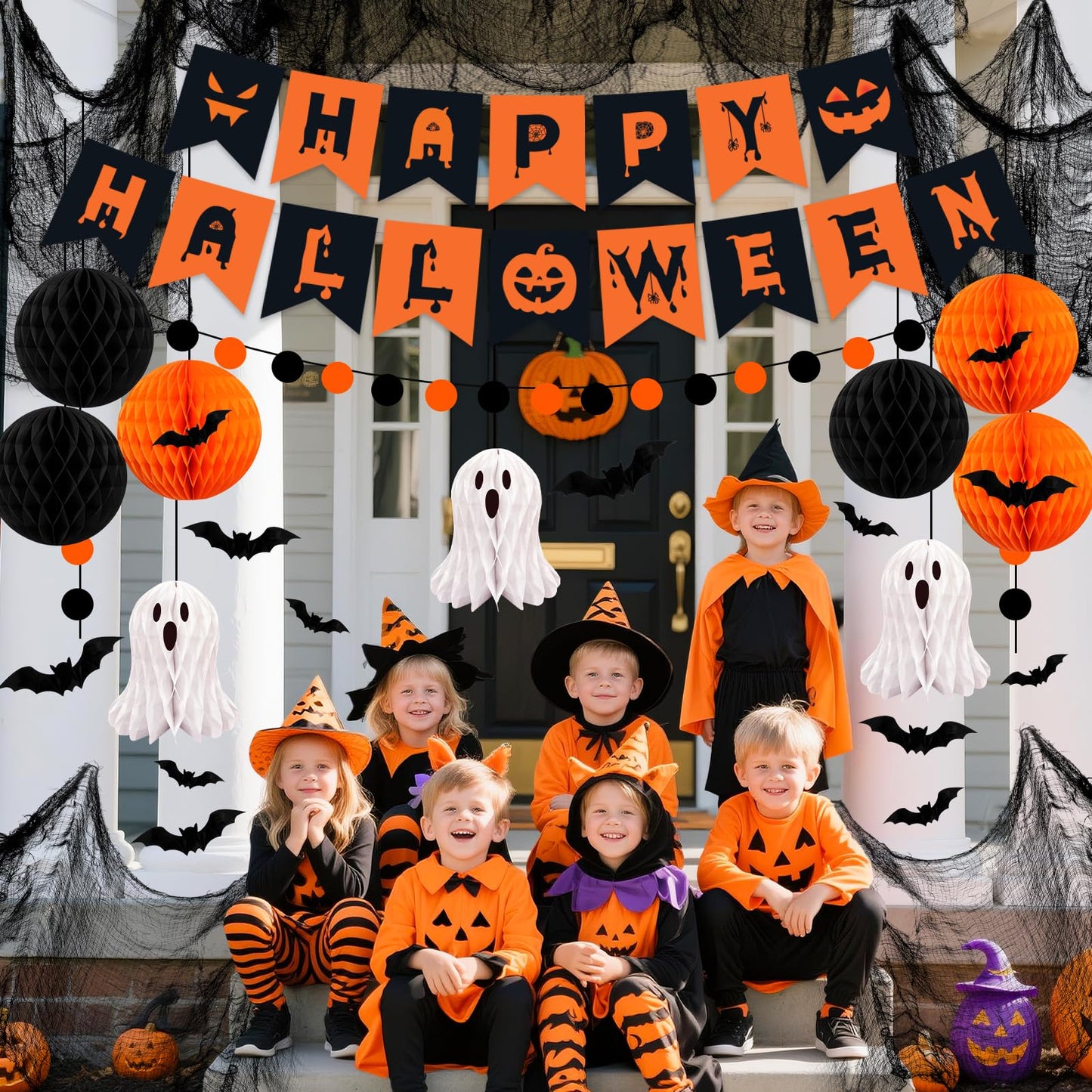 Halloween Party Decorations, 29Pcs Halloween Indoor Decorations Kit with Mantel Scarf Creepy Cloth Fabric Hanging Ghost Happy Halloweens Banner 3D Bat Stickers for Home Fireplace Wall Decor