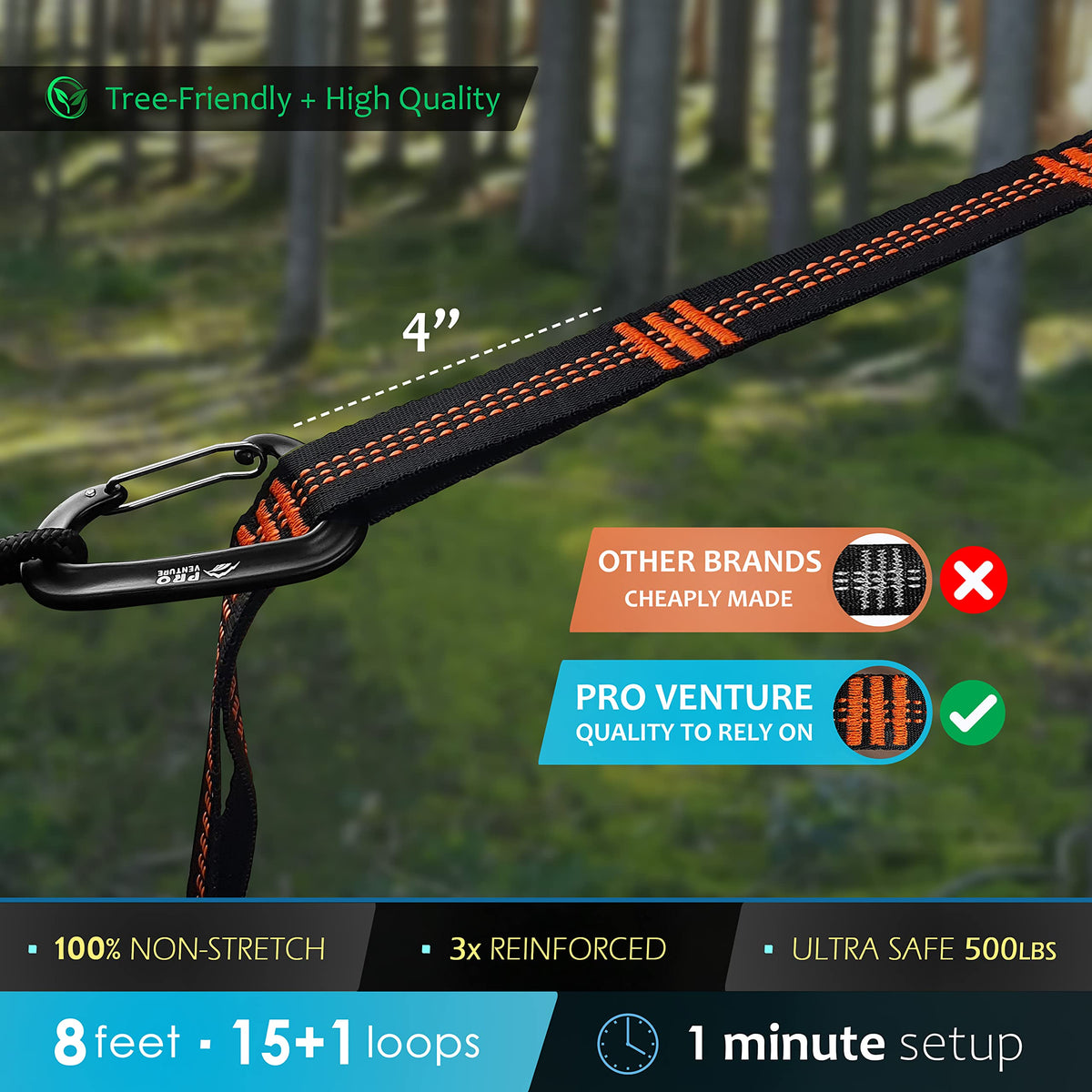 Pro Venture Hammock Straps and 2 Carabiners, 30+2 Loops, 1200lbs Breaking Strength (500lbs Rated) | 100% Non-Stretch, Lightweight, Portable Camping - Quick, Easy Setup | Heavy Duty + Tree Friendly