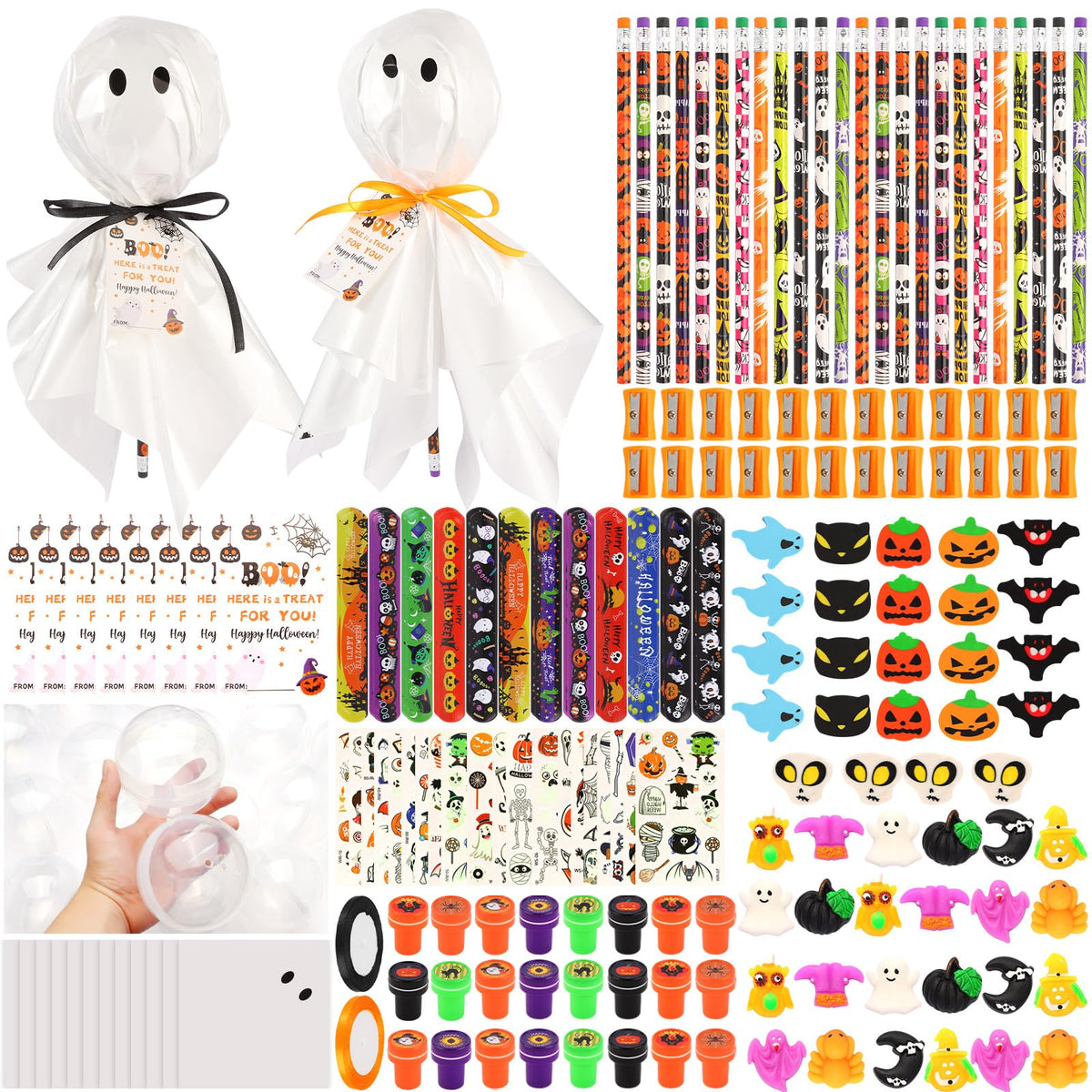 LiYiQ 24Pack Halloween Party Favors, Halloween Classroom Gifts Giant Lollipop Gifts for Birthday Party with Gift Cards, Pencils, Erasers, Stickers, Sharpener for Classroom Exchange Party Gift