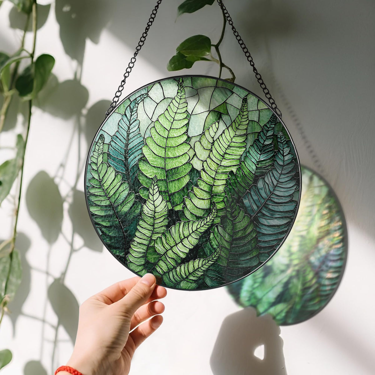 LAOWEIKI 8'' Fern Plant Sun Catcher Ornament, Stained Glass Window Hanging, Sun Catchers for Windows Hanging Ornaments, Window Decor | Plant Lover Gifts, Housewarming Gifts