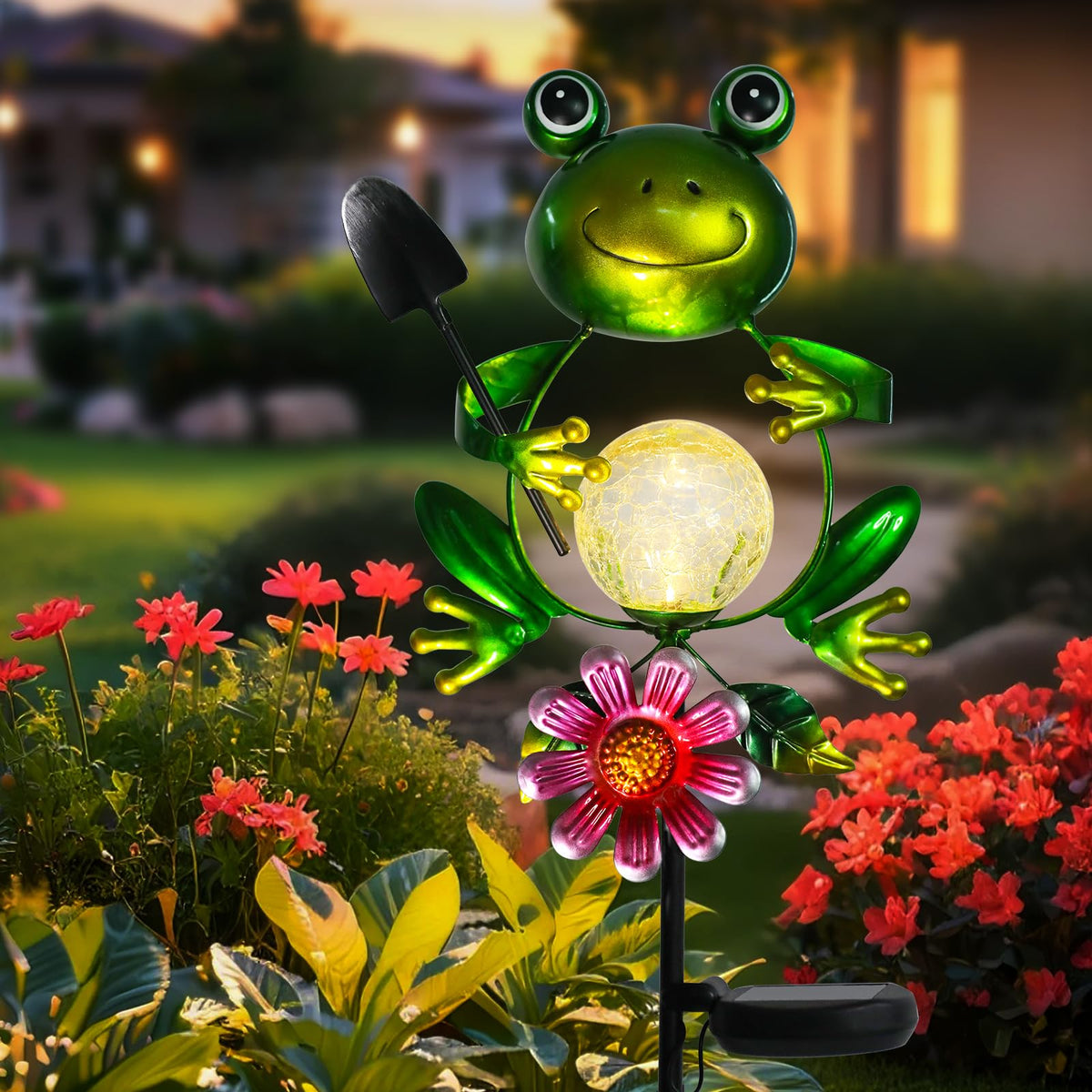 Afirst Solar Lights Outdoor Decorative Metal Frog Crackle Glass Globe Warm White LED Metal Waterproof Garden Stake Lights for Walkway Pathway Lawn Patio Yard Decorations