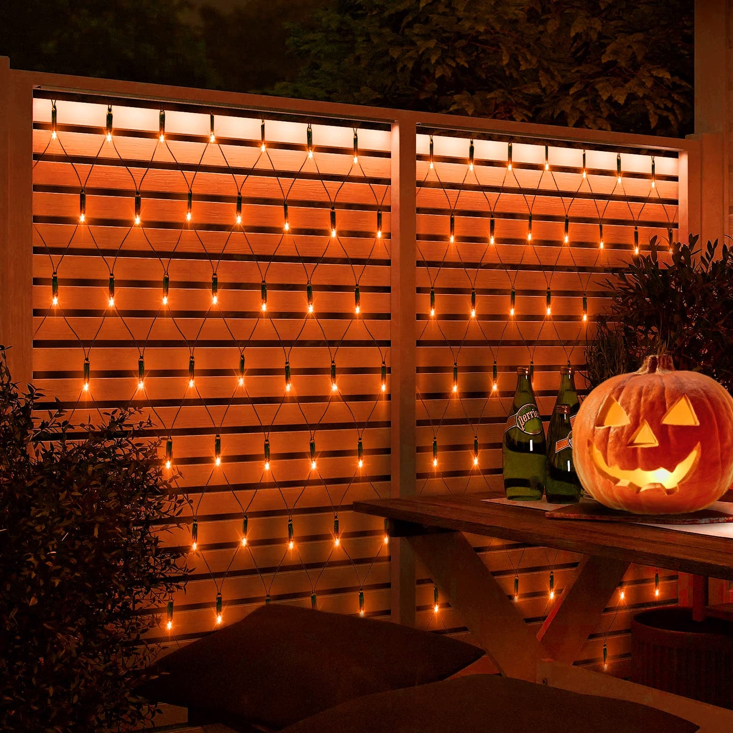 JMEXSUSS Orange Solar Halloween Lights Outdoor, 320 LED 9.8ft x 6.6ft Solar Net Lights Outdoor Waterproof, Solar Lights with 8 Modes Remote for Halloween Decorations
