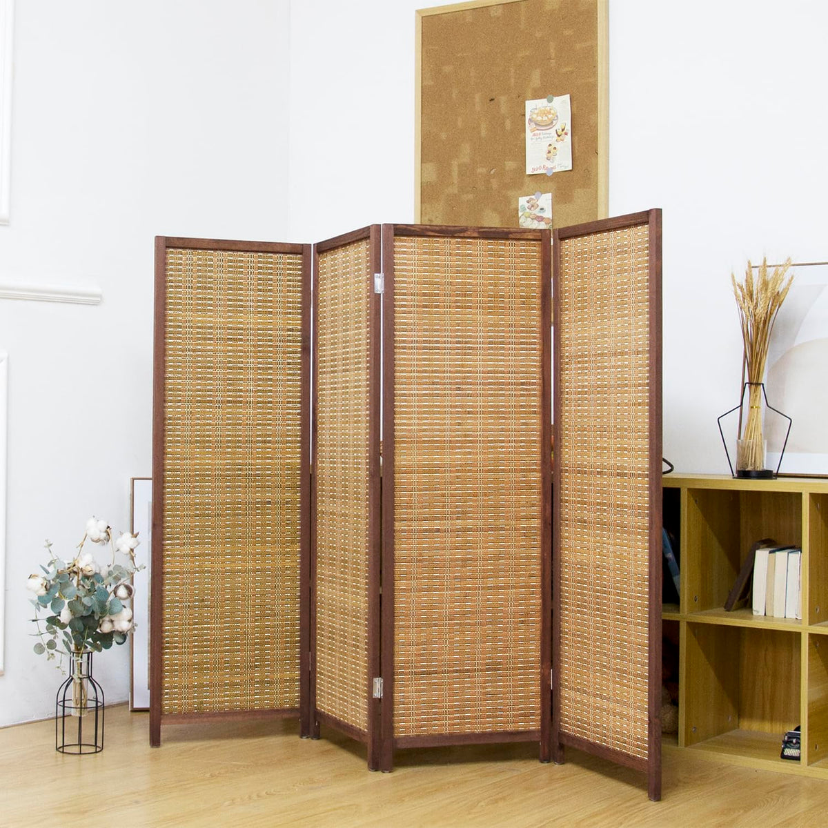 Pawlabay 4 Panel Short Panel Divider Screen,3.95 FT Tall Bamboo Room Divider Folding Privacy Screen,Short Panel Divider Freestanding Room Divider for Room Seperation,Brown