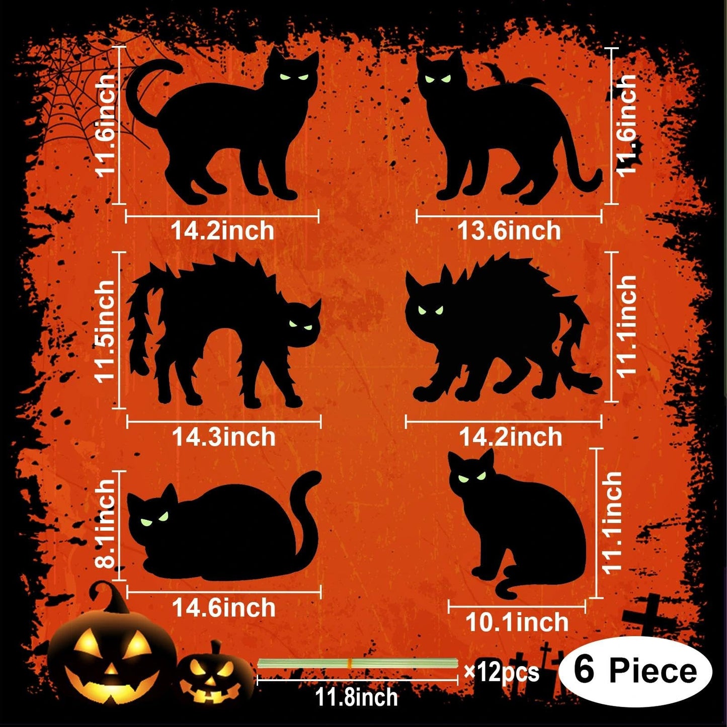 Heyigrow 6 Pack Halloween Black Cat Yard Signs with Stakes, Glow in Eyes Scary Outdoor Decoration for Lawn Garden Courtyard