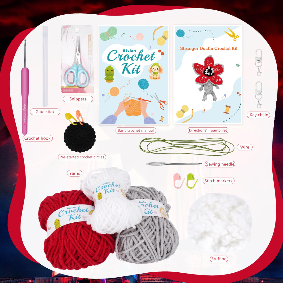 Alvian Monster Crochet Kit for Beginners – Amigurumi Demogorgon-Inspired Keyring DIY Craft with Step-by-Step Video Tutorial All-in-One Crochet Starter Kit with Yarn & Tools