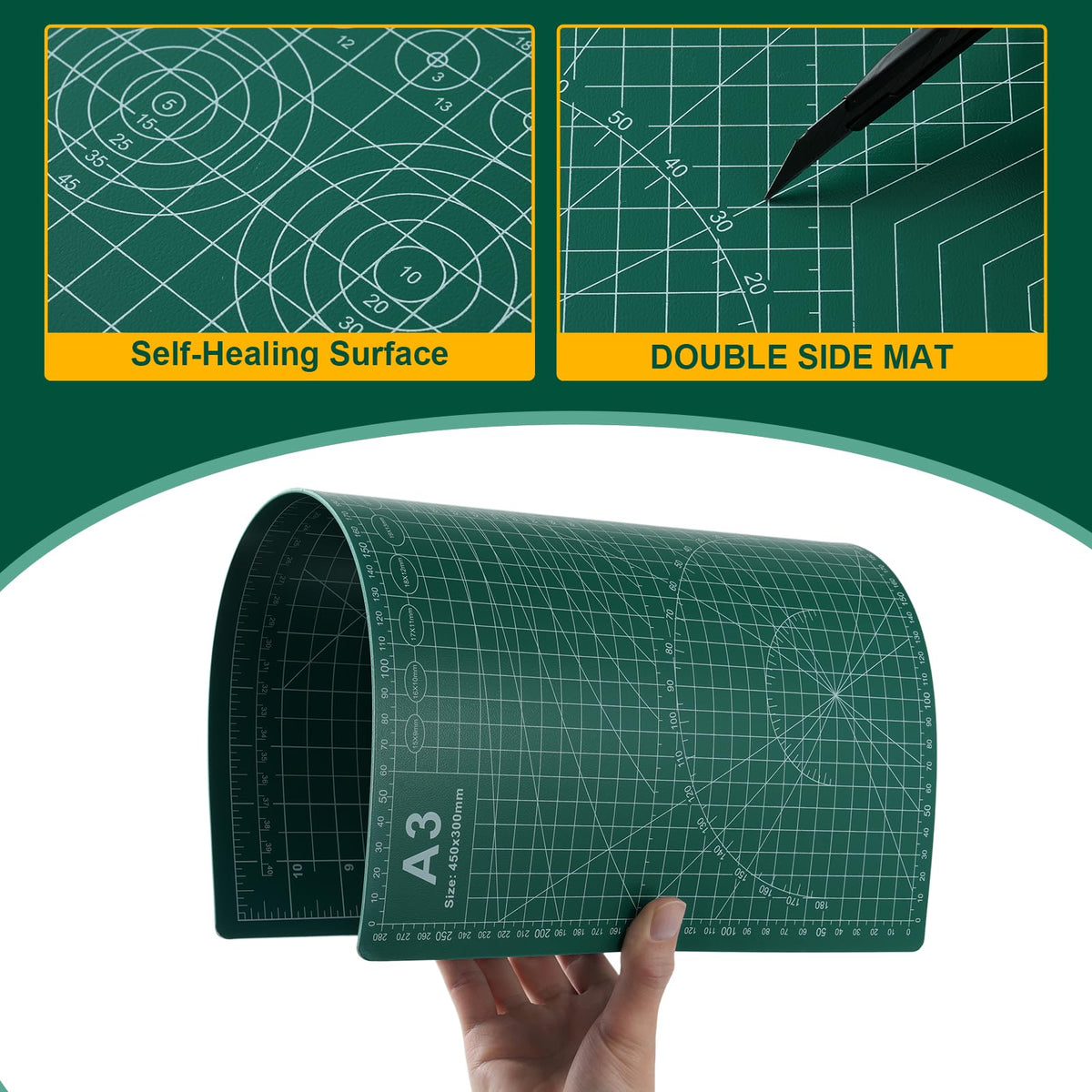 A3 Self Healing Cutting Mat Set, 5 Pack Double-Sided PVC Cutting Mats for Crafts with Inch, Metric, and Angle Guides for Sewing, Quilting, and DIY Cutting