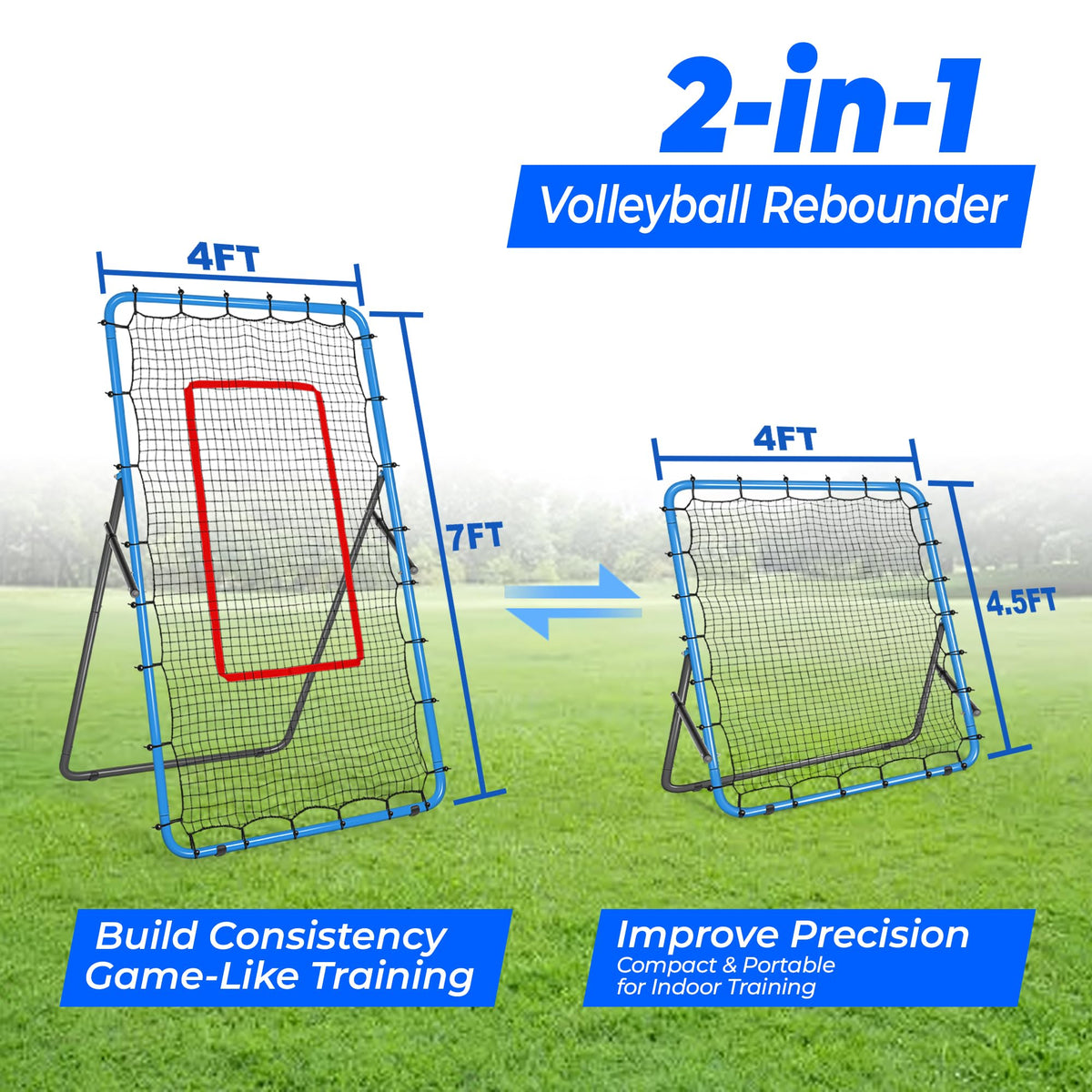 JOLORLY 2-in-1 Volleyball Rebounder Net, Adjustable 7×4 ft to 4.5×4 ft Bounce Back Training Rebound Equipment with Angle Customization for Volleying, Bumping, Spiking Practice (Blue)