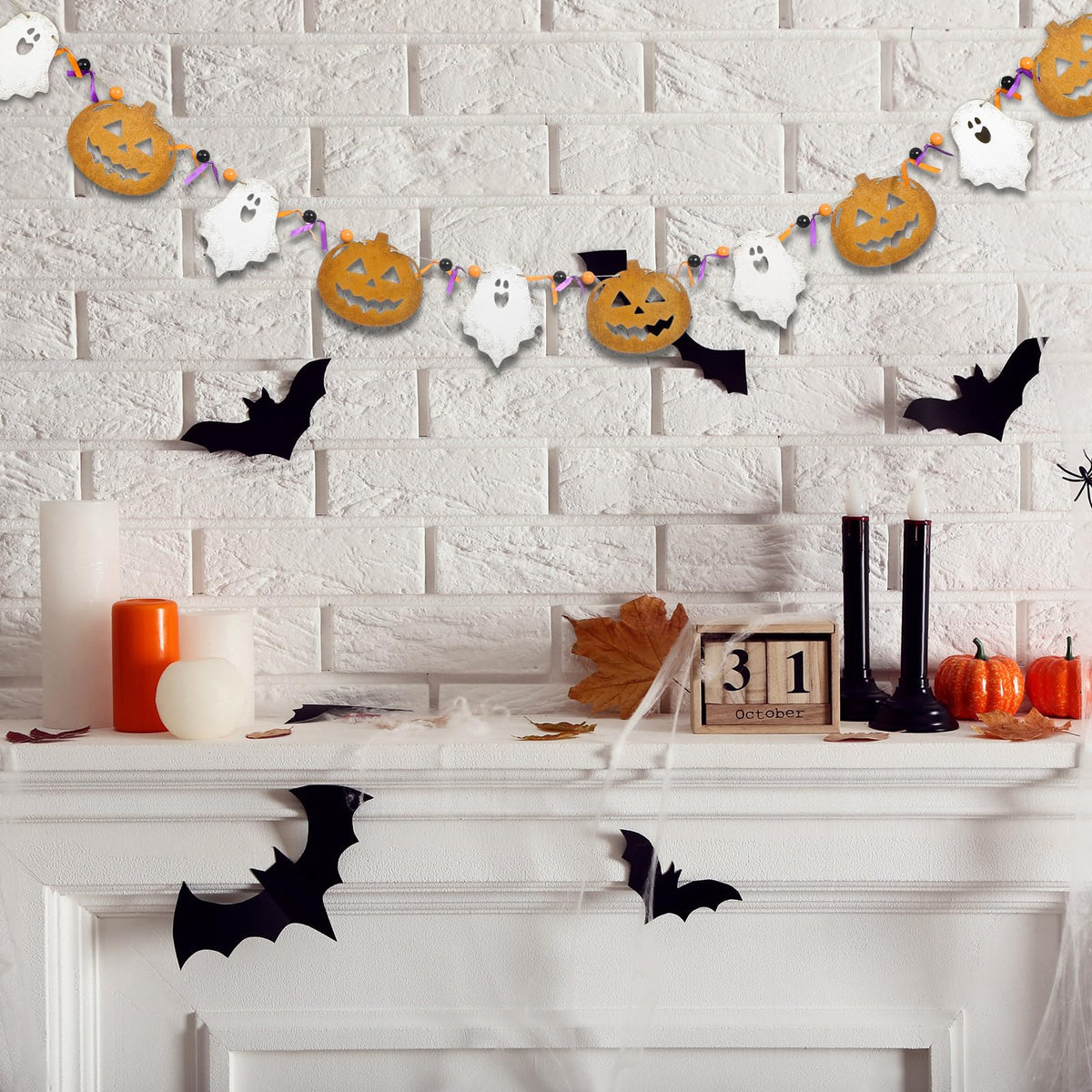 Cinnvoice 8.2 ft Halloween Ghost Pumpkin Garland Wooden Beads Garland Rustic Farmhouse Country Decor Wood Pumpkin Banner Ghost Halloween Hanging Decor for Fireplace Mantel Wall Home Window