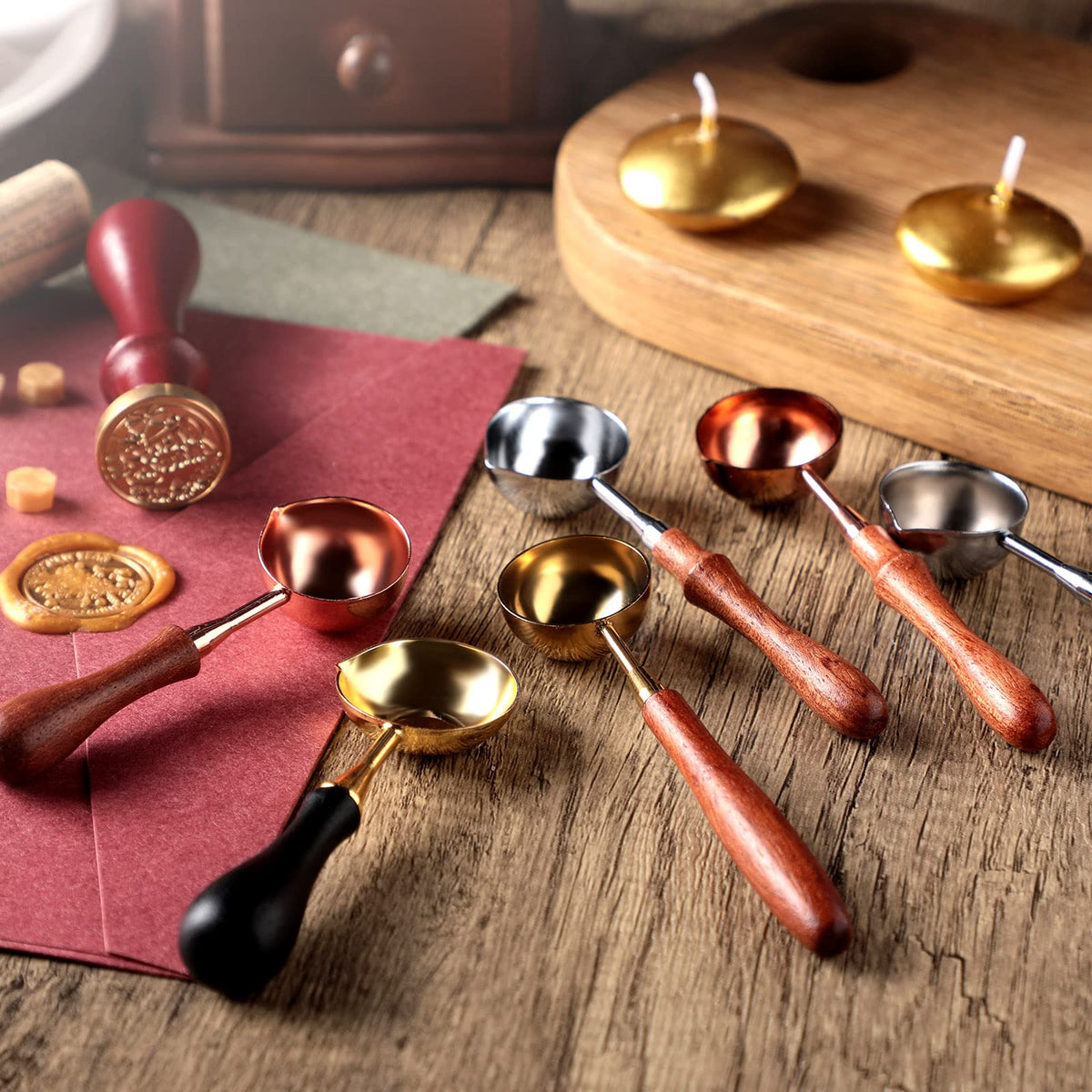 Chengu 6 Pcs Wax Seal Spoon Melting Wax Spoon with Wooden Handle Sealing Stamp Melting Seal Warmer for Sealing Stamp Envelope Craft Wedding Party Invitations