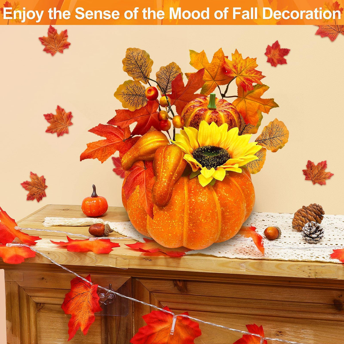 [Timer & Prelit] Thanksgiving Decorations Pumpkin Decor, Artificial Fake Pumpkin with Maples Leaves Sunflower Berried 20 LED Warm White Lights Fall Centerpieces for Tables Home Kitchen Porch Indoor