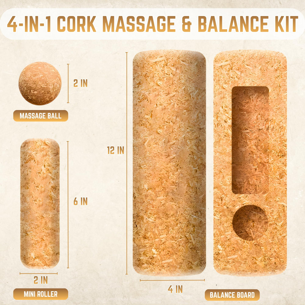 Cork Balance Board 4-in-1 Foot & Ankle Strengthener Kit with Toe Resistance Bands, Massage Ball & Balance Roller, Natural Cork Trainer for Foot Exercise, Mobility, Physical Therapy & Sports Training [Small Family Business]
