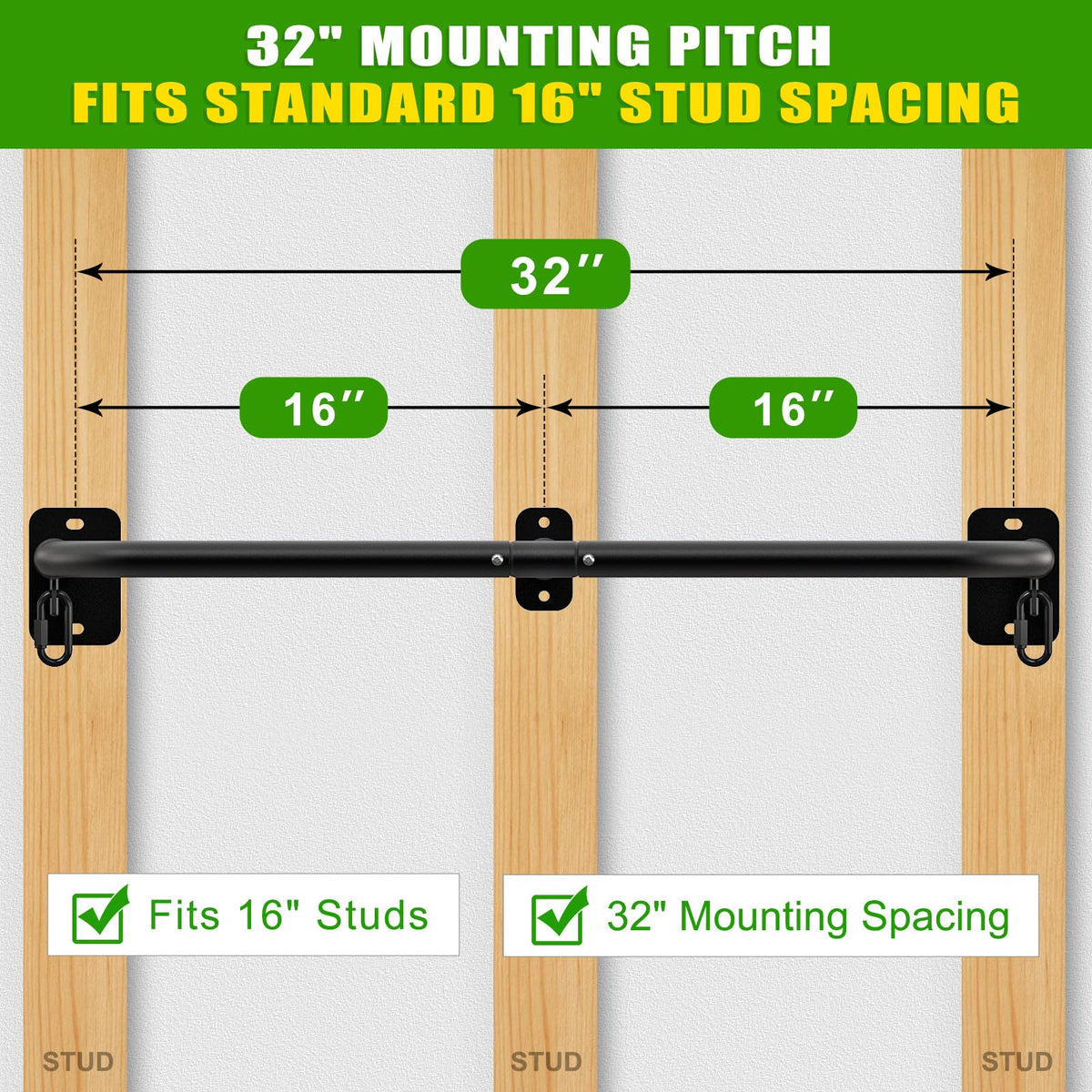 SELEWARE Heavy Duty Wall Mount Pull Up Bar, 450LB Capacity Joist Mount Chin Up Bar for Doorway, Sturdy Steel Construction, w/Resistance Band Hooks, Fits 32" Wall Studs for Home Gym Strength Training