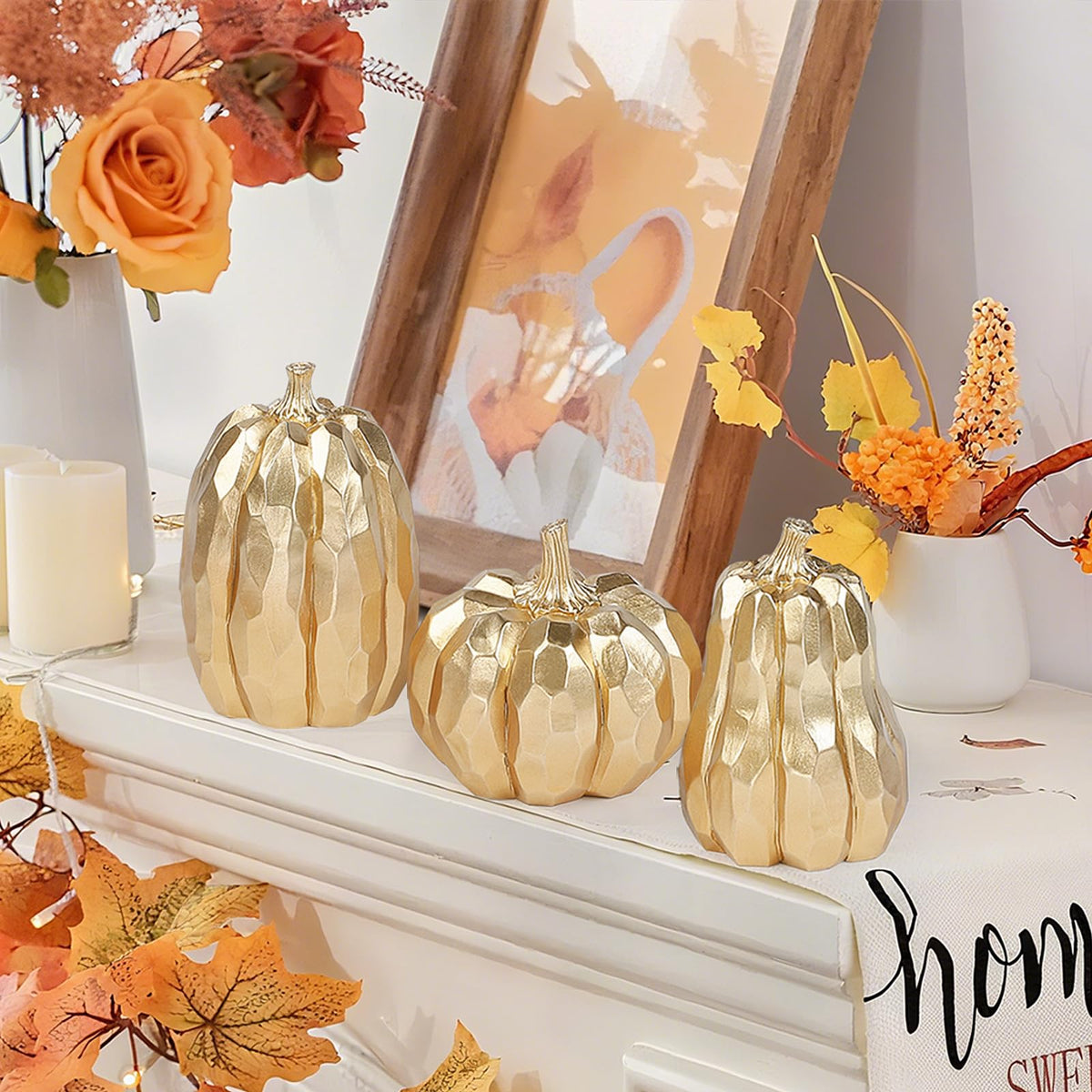 DETENE 3 Pack Thanksgiving Gold Pumpkins, Pumpkin Fall Decoration - Elegant Autumn Harvest Decor for Fall, Thanksgiving & Halloween, Perfect for Home, Table, Fireplace Mantel, Office & Kitchen