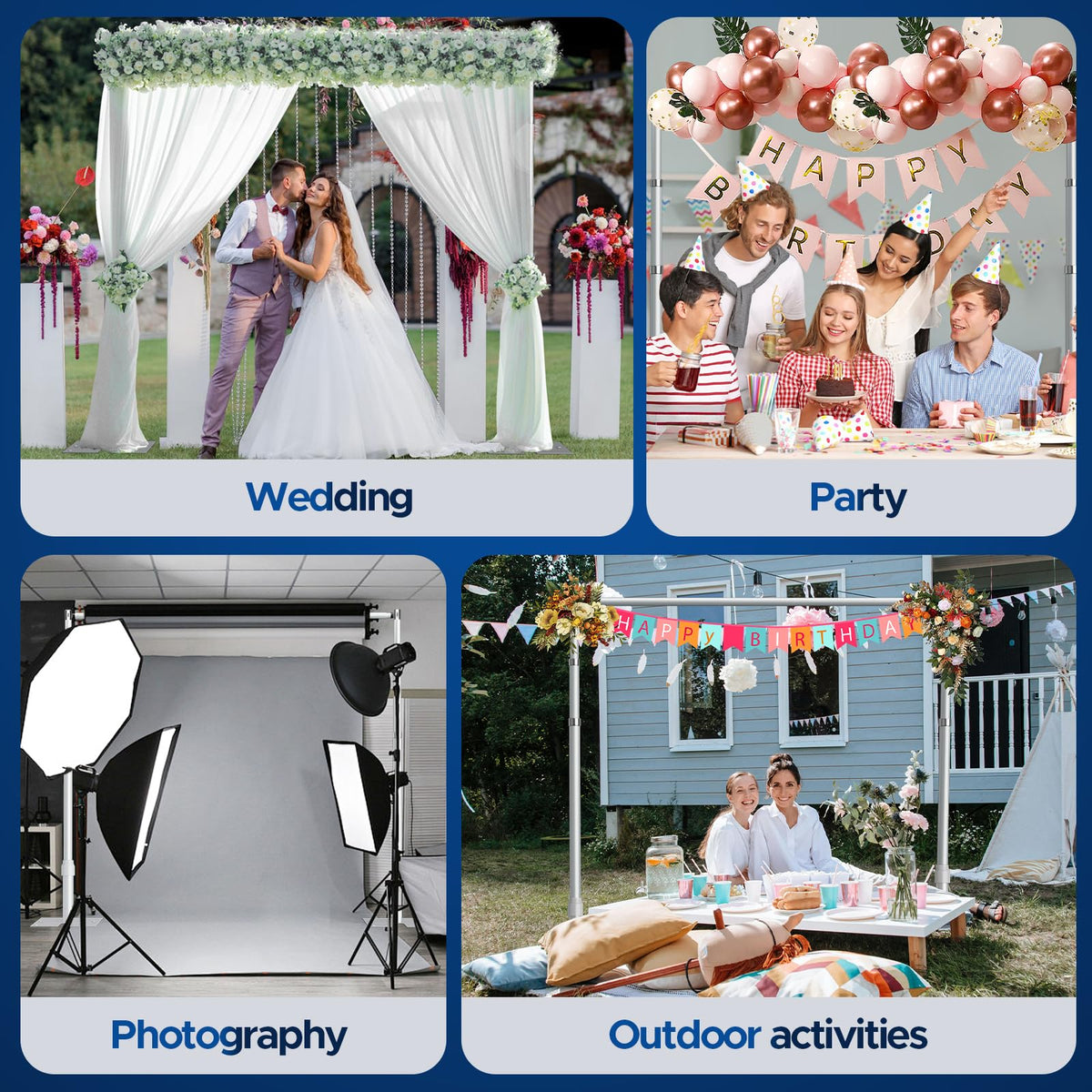 Qoolfoto Pipe and Drape Backdrop Stand, 10x10ft Heavy Duty Adjustable Backdrop Frame with Metal Base, Background Holder for Parties Photography Wedding Photoshoot Decoration