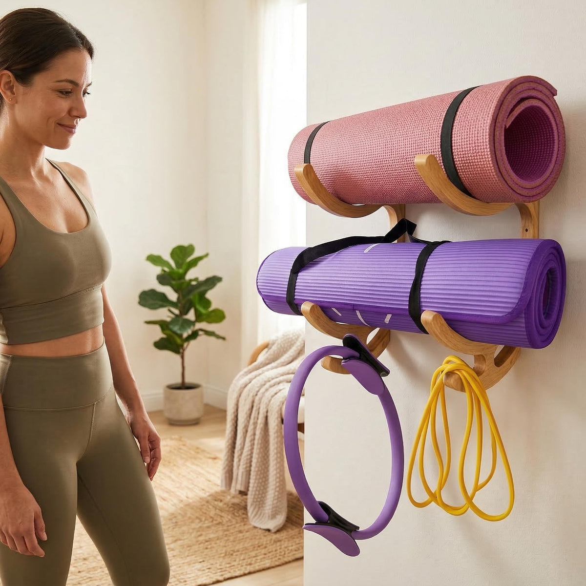 Wooden Yoga Mat Wall Mount,Yoga Mat Holder,Home Gym Storage,Resistance Band Wall Mount
