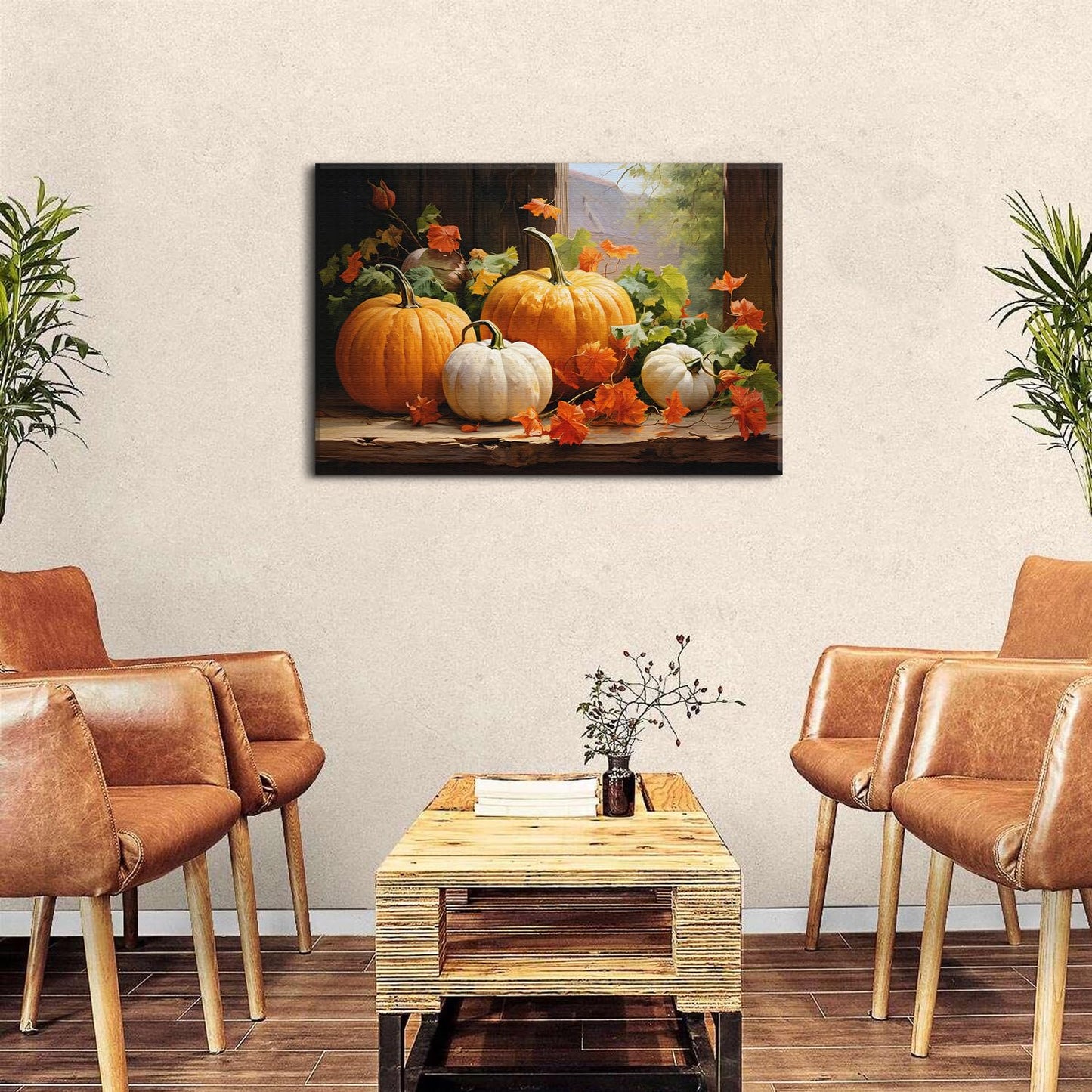Pumpkin Canvas Wall Art Fall Pictures Maple Leaf Autumn Thanksgiving Wall Decor Rustic Halloween Themed Wall Framed Prints Modern Artwork for Living Room Kitchen Bedroom Dinner Home Decorations 24x36”