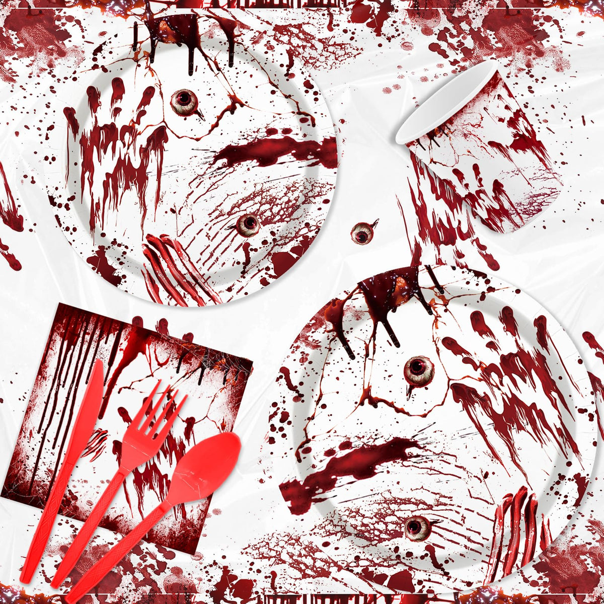 MEHOFOND Killer Birthday Decoration, 194PCS Halloween Scream Party Tableware Decorations Include Have a Killer Banner Bloody Hand Print Plates Napkins Tablecloth for Horror Themed Birthday Supplies