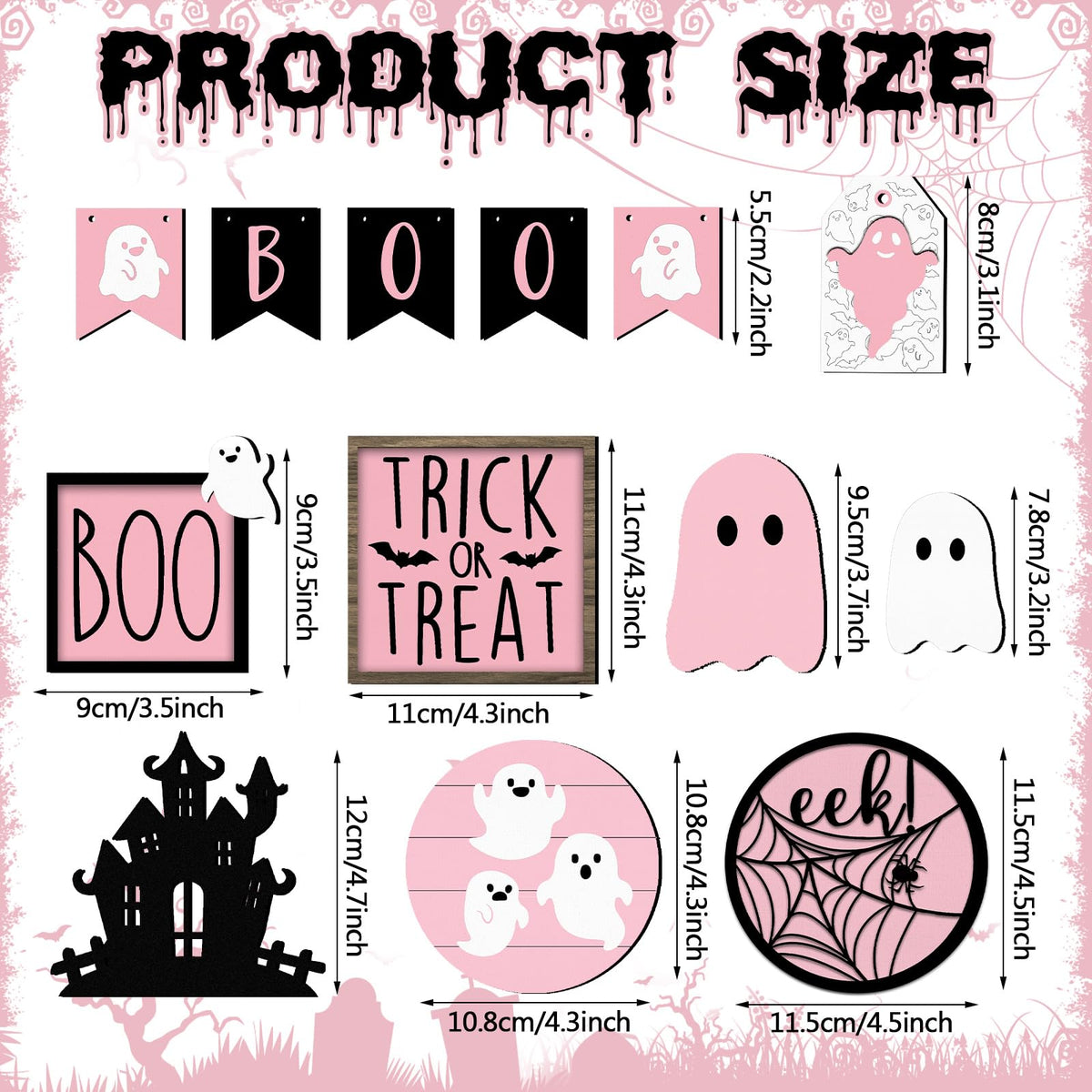 Umigy 15 Pcs Halloween Tiered Tray Decor Set Cute Ghost Tray Decorations Boo Halloween Wooden Signs Farmhouse Rustic Decoration for Home Table Party Supplies(Pink Ghost)