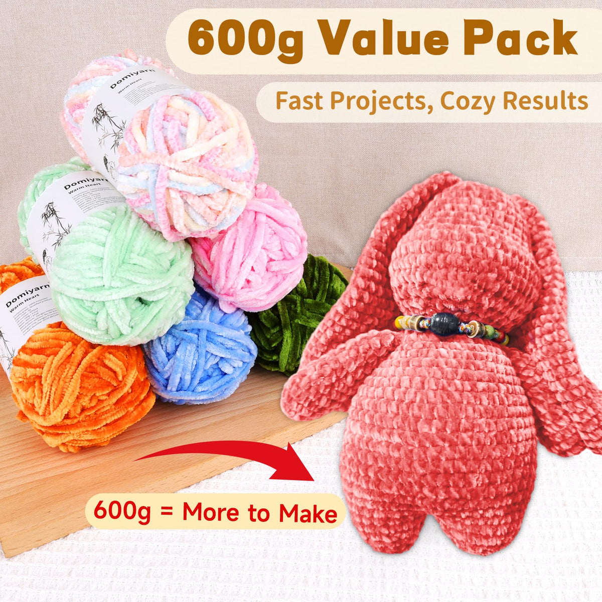 Reessy Velvet Chenille Yarn Pack – 6 Skeins × 100g Super Bulky (CYC #6) – Soft Velvet Chunky for Crocheting & Knitting, Fluffy Chenille Yarn for Blankets, Scarves & Crafts (White)