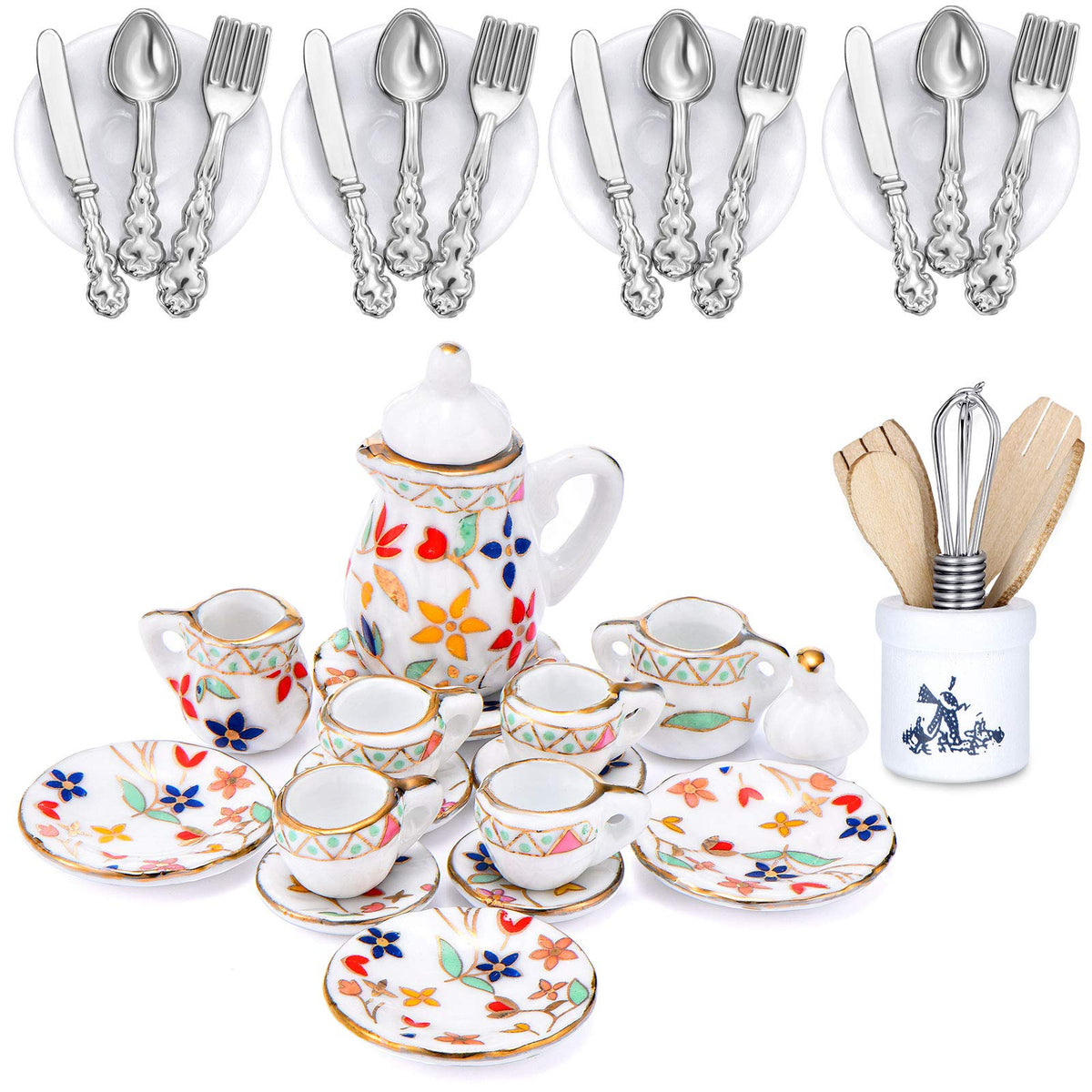 Skylety 37 Pieces 1:12 Scale Miniatures Dollhouse Kitchen Accessories Include 16 Plates Knife Fork Spoon, 6 Egg Beater Utensil, 15 Tea Cup Set(Flora Bloom)