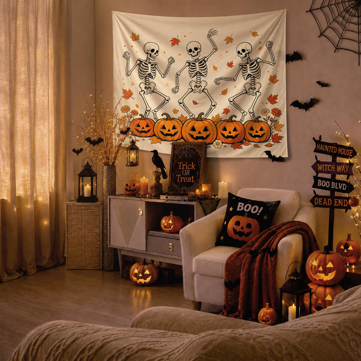 YTRG Fall Halloween Skeleton Tapestry, Gothic Halloween Tapestries Wall Hanging for Bedroom, Funny Dancing Skeleton Fall Pumpkin Tapestry Wall Decor Backdrop for Living Room Home, 50x60 Inch