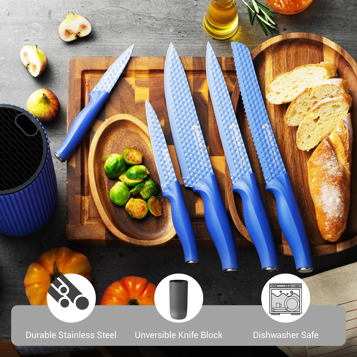 Mealia Kitchen Knife Set with Block, 6-Piece Non-stick Stainless Steel Sharp Knives Set for Precision Cutting with Universal Knife Block for Kitchen, Ergonomic Design & Dishwasher Safe, Purple