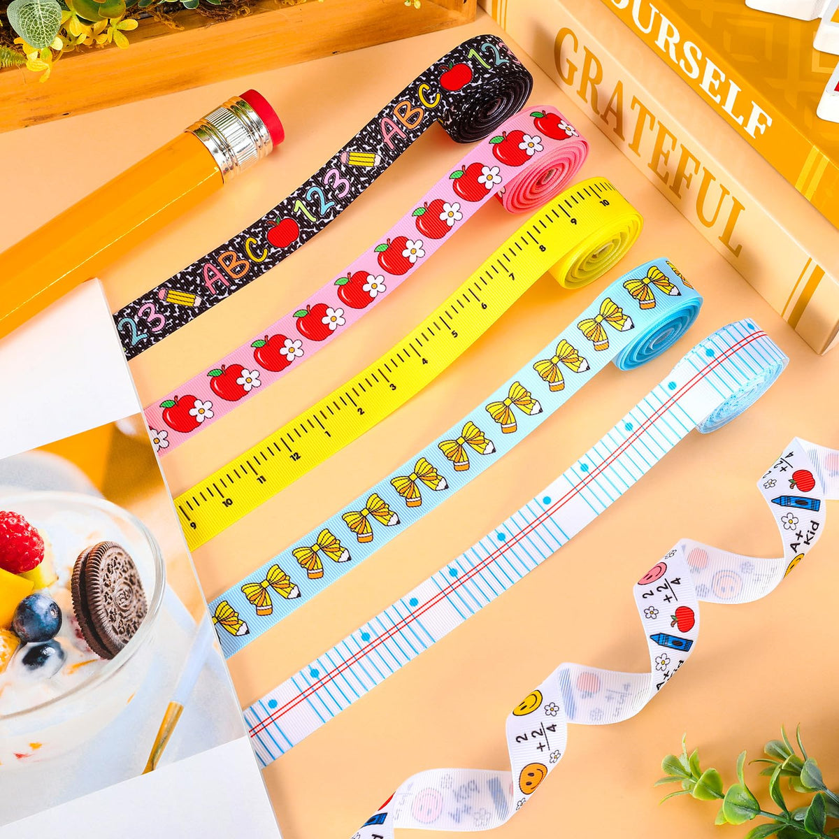 Whaline 6 Rolls Back to School Grosgrain Ribbons 7/8" 30 Yards Fabric Craft Ribbon Composition Notebook Ruler Pencil Bow Apples Ribbon for Wreath Bow Gift Wrap Party Decor