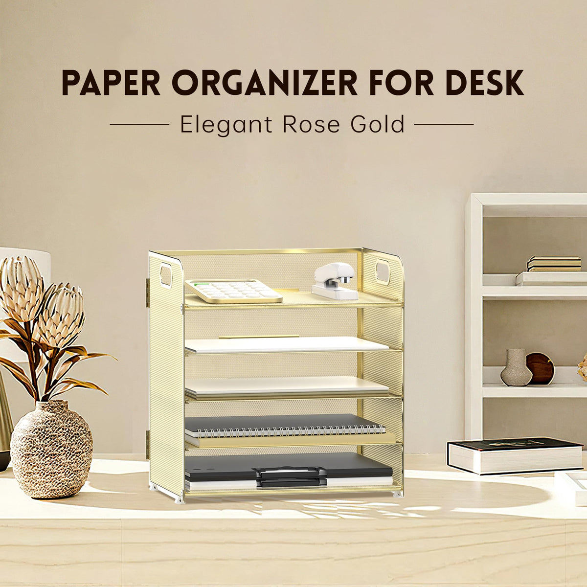 Supeasy 5 Trays Paper Organizer Letter Tray with Handle-Mesh Desk File Organizer, Paper Sorter Desk Organizer for Office, Home or School (Golden)