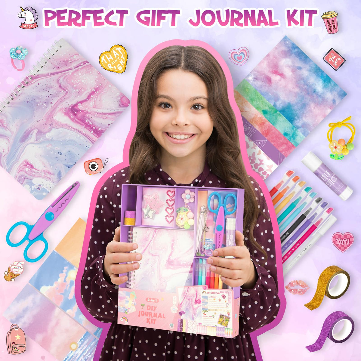 QIYVLOS 2 Pack DIY Journal Kit for Girls, Journaling Diary Toys for Ages 8-13, Arts and Crafts Birthday Stationery Set Gifts for Teen Girls Ages 8 9 10 11 12 13 14 Year Old