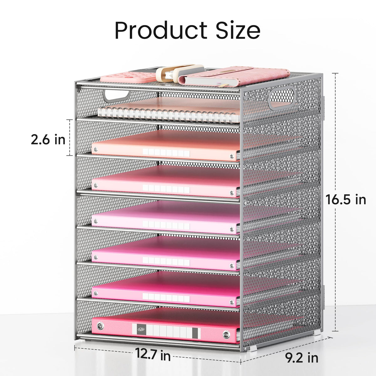 Lavatino 2 Pack 8-Tier Office Desk File Organizer, Letter Tray Paper Organizer with Handle, Including 5 Adjustable Slide Trays for Organizing Desk Workspace Accessories and Supplies (Silver Mesh)