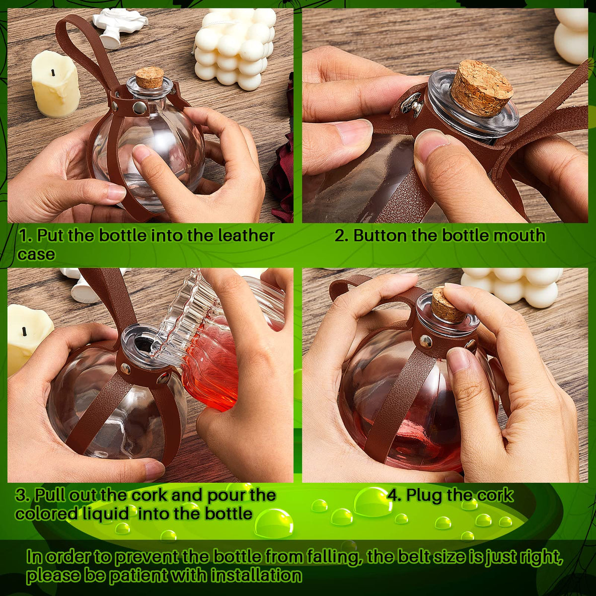 Patelai 6 Pcs Halloween Glass Potion Bottles with Belt Cork Renaissance Witch Costume Accessories Witch Props Potion Bottle for Halloween Party Decor Cosplay DIY Crafts Gift (Brown)