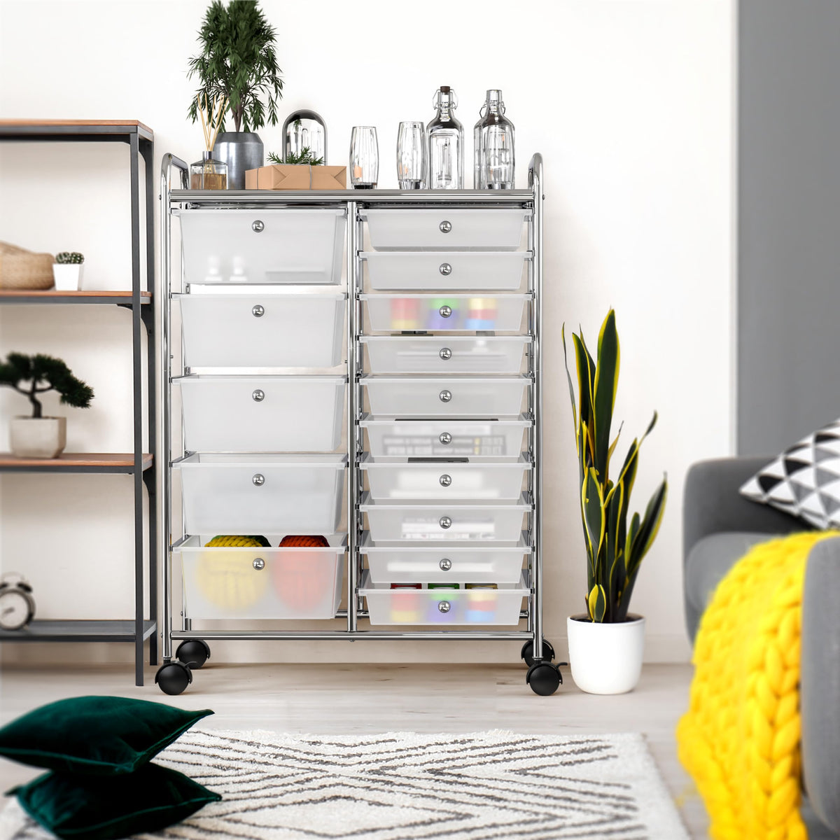 Simple Houseware Utility Cart with 15 Drawers Rolling Storage Art Craft Organizer, Chrome