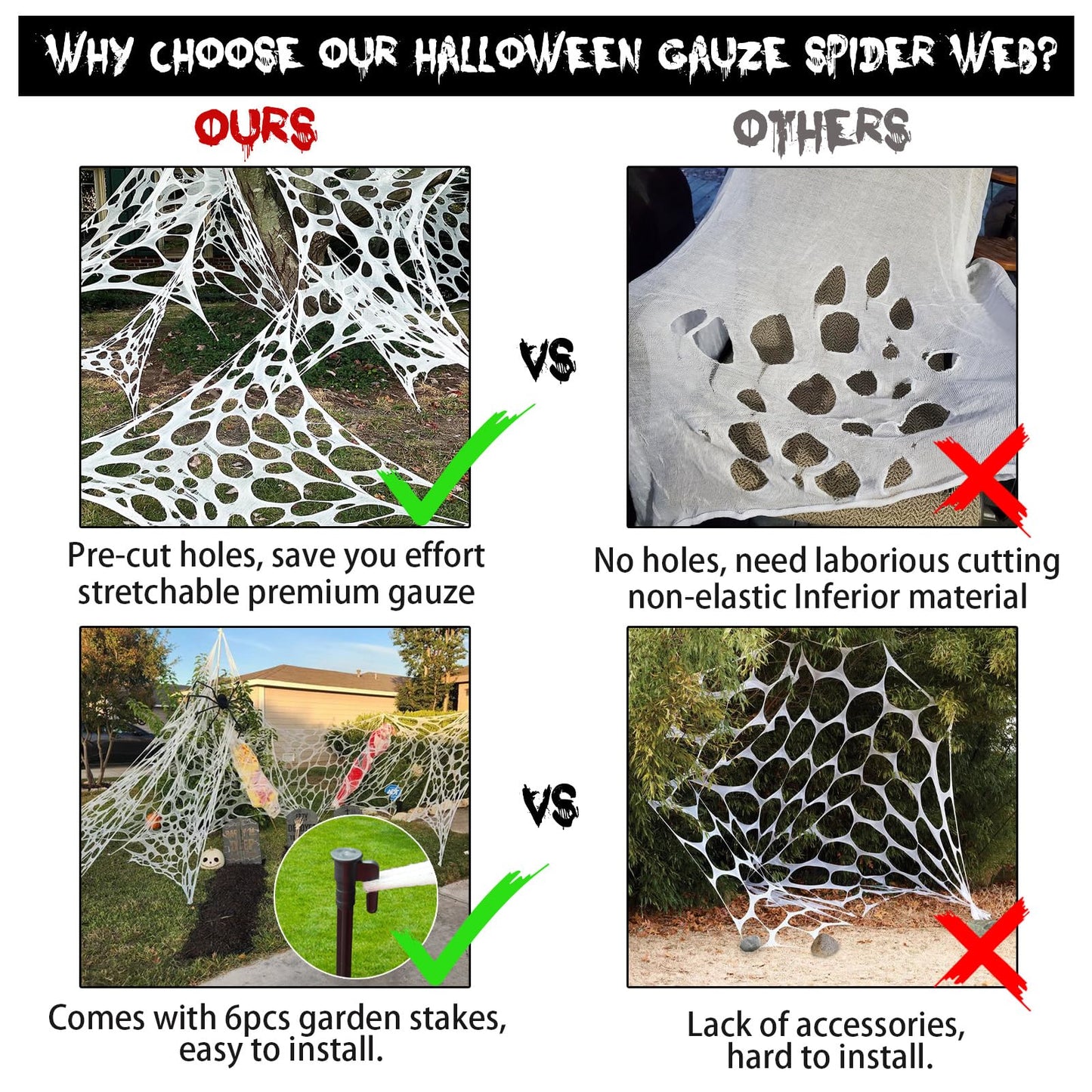 CESOF Giant Beef Netting Spider Web Halloween Decorations, Pre-Cut Spiderwebs Super Stretchy DIY Spider Webbing with Stakes, Gauze Cobwebs for Haunted House Yard Garden Party Outdoor Decor(1)