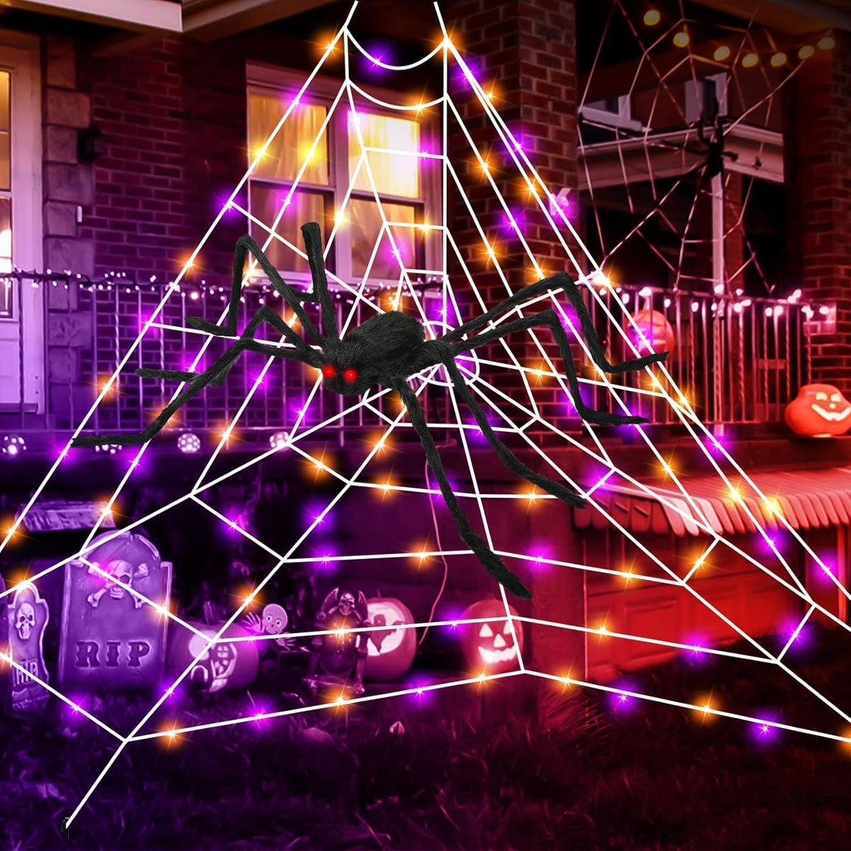 Halloween Giant Spider Web Lights, Spider Web Decoration with 50" Plush Spider & Stretch Cobweb, Powered by Adapter Plug, Remote Control 8 Lighting Modes, Perfect for Scary Halloween Yard Decorations