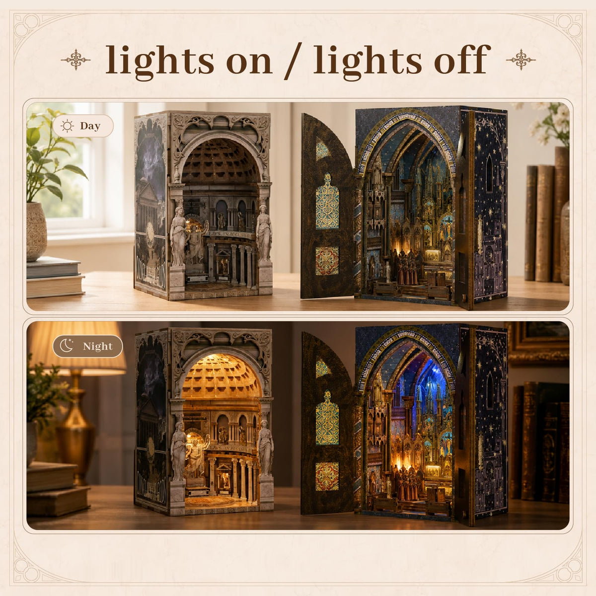 MiniCity 2 Pack Book Nook Kit - DIY Miniature House Kit for Adults, Teens, and Kids, 3D Wooden Puzzles with LED Light, Dollhouse Craft Kit for Family and Friends, Great Gift Idea