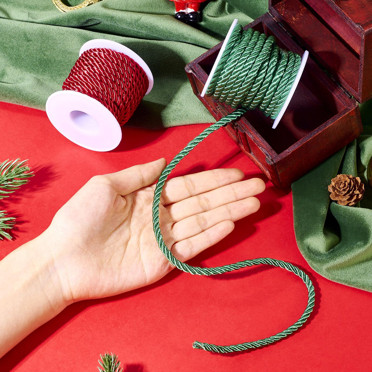 FASHEWELRY 8.74 Yards Christmas Twisted Cords 5mm Red Green Braided Silk Rope Cords Polyester Silk Cords for Macrame Bracelets Curtain Costumes Xmas Ornament, Crafts Making
