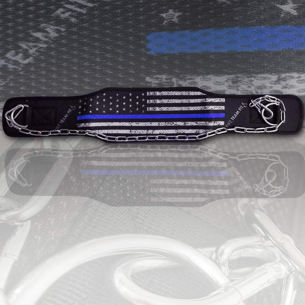 Fire Team Fit Weight Belt with Chain, Dip Belt for Weighted Pull Ups and Dips Blueline, Small (for Waist 40 Inches or Less)