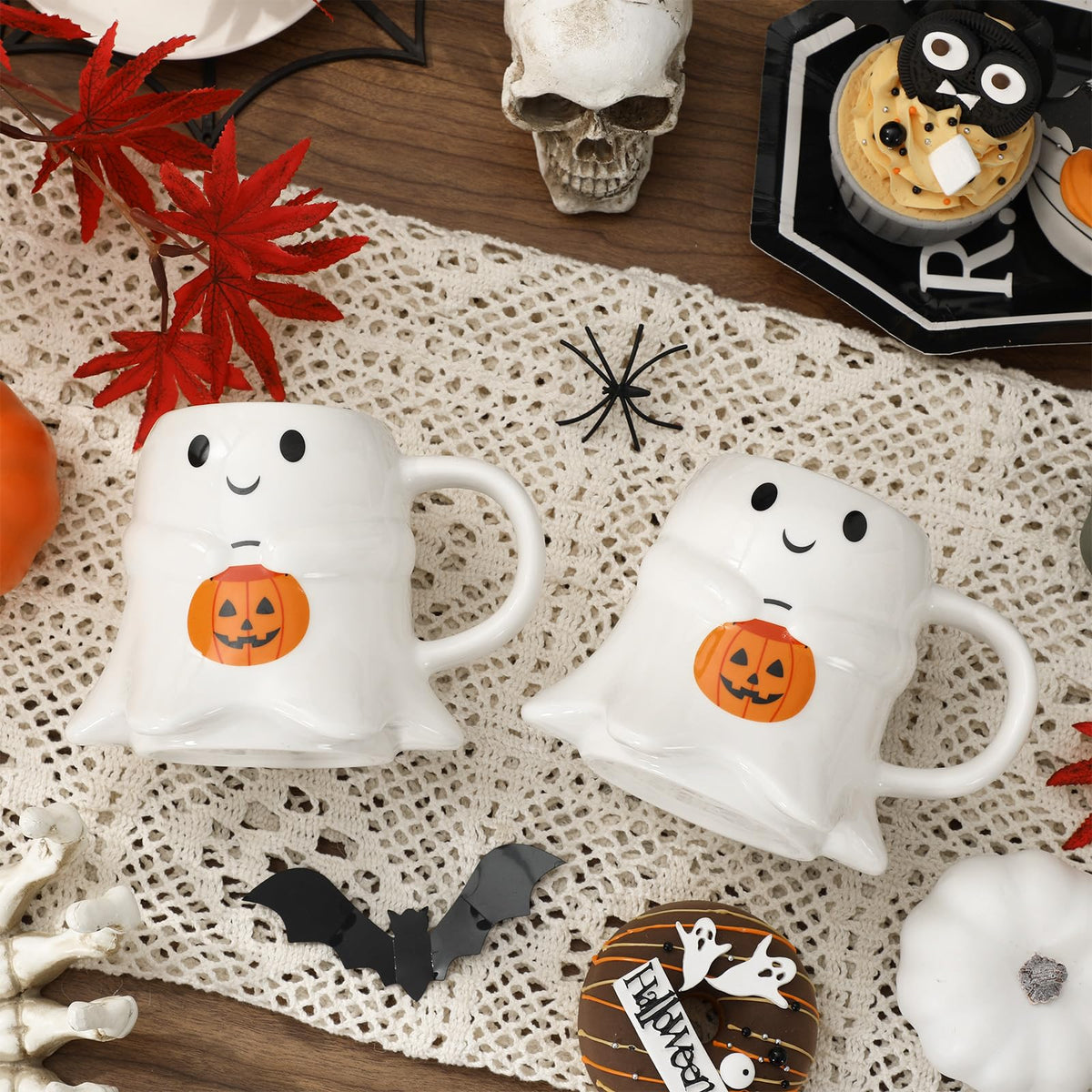 JarThenaAMCS 2Pcs 15oz Halloween Ghost Shape Mug White Ghost Pumpkin Coffee Mug Cute Boo Ceramic Drinking Cup for Halloween Party Supplies Table Centerpieces